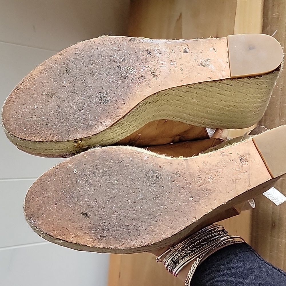 Coach Tan Leather Espadrille Wedge Sandals with Silver Ribbon - Picture 14 of 16